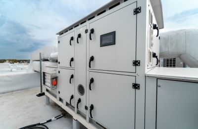 Multizone air conditioning and ventilation system. Outdoor units on the roof of a large industrial building. Industrial adsorption air dryer