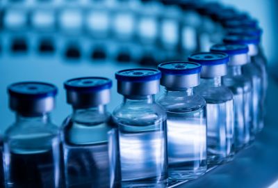 Group of Vaccine bottles. Medicine in ampoules. Glass vials for liquid samples in laboratory.